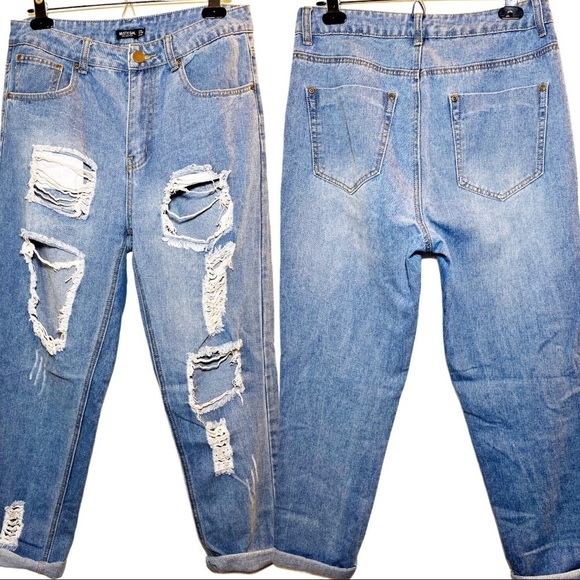 NASTY GAL I GOT TROUBLE Distressed High Waisted Relaxed Jeans, Size 8 - Picture 4 of 14